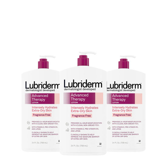 Picture of Lubriderm Advanced Therapy Fragrance-Free Moisturizing Lotion with Vitamins E and Pro-Vitamin B5, Intense Hydration for Extra Dry Skin, Non-Greasy Formula, Pack of Three, 3 x 24 fl. oz