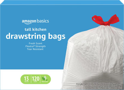 Picture of Amazon Basics Flextra Tall Kitchen Drawstring Trash Bags, Fresh Scent, 13 Gallon, 120 Count