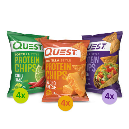Picture of Quest Nutrition Tortilla Style Protein Chips Variety Pack, Chili Lime, Nacho Cheese, Loaded Taco, 1.1 Ounce (Pack of 12)