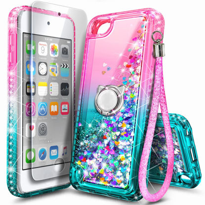 Picture of NGB iPod Touch 7 Case, iPod Touch 6/5 Case with HD Screen Protector and Ring Holder for Girls Women Kids, Glitter Liquid Soft TPU Clear Cute Case for Apple iPod Touch 7th/6th/5th Generation -Pink/Aqua