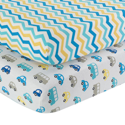 Picture of 2 Pack Fitted Crib Sheets for Boys in 100% Jersey Knit Cotton - Baby Boy Crib Mattress Sheets in Blue, Gray and Yellow Cars and Chevron Stripe Design by Everyday Kids; Baby Boy Vehicle Nursery Theme