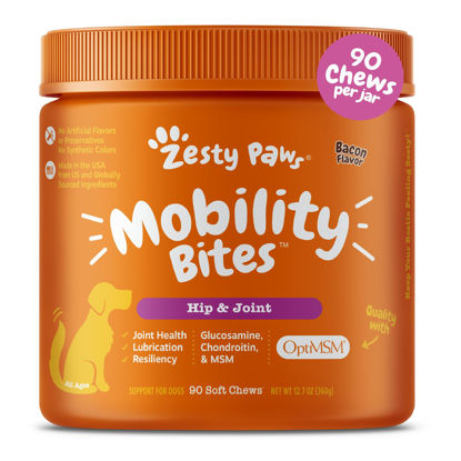 Picture of Zesty Paws Mobility Bites Dog Joint Supplement - Hip and Joint Chews for Dogs - Pet Products with Glucosamine, Chondroitin, & MSM + Vitamins C and E for Dog Joint Relief - Bacon - 90 Count