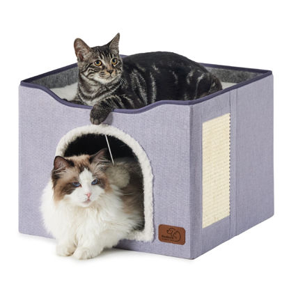 Picture of Bedsure Cat Beds for Indoor Cats - Large Cat Cave for Pet Cat House with Fluffy Ball Hanging and Scratch Pad, Foldable Cat Hideaway,16.5x16.5x13 inches, Light Purple