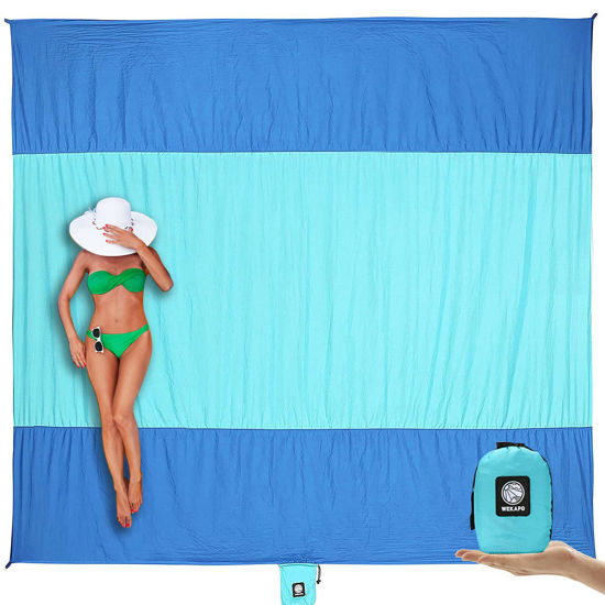 Picture of Wekapo Beach Blanket Sandproof, Beach Mat, Big & Compact Sand Free Mat Quick Drying, Lightweight & Durable with 6 Stakes & 4 Corner Pockets, Standard (1~3 person)