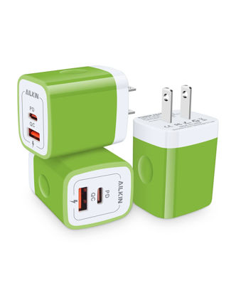 Picture of 3Pieces C Charger Block, AILKIN 20W PD + QC3.0 USB-C Wall Charger Dual Port Box Cube for iPhone, Samsung Galaxy, Motorola, LG, Google Pixel, Super Fast Charging USBC Brick Plug Power Adapter-Green