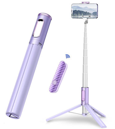 Picture of TONEOF Tripod, Cell Phone Selfie Stick, 60 Inch All-in-1 Stand with Integrated Wireless Remote, Lightweight and Portable, Extendable Tripod for 4-7 Inch iPhone and Android（Purple）