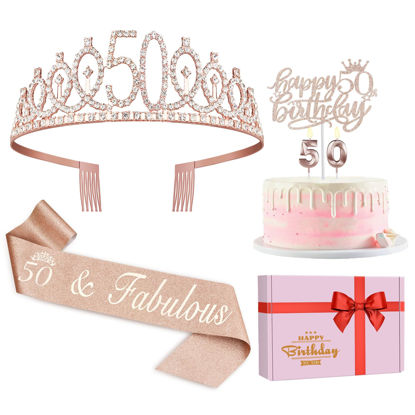 Picture of 50th Birthday Gifts for Women, Including 50th Birthday Crown/Tiara, Sash, cake topper and Candles, 50th birthday decorations women