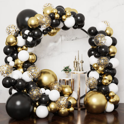 Picture of RUBFAC Black and Gold Balloon Garland Arch Kit, 5 10 12 18 Inch Black Gold White Latex Balloons for Graduation Party Birthday Anniversary Festival Decoration