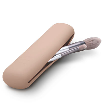 Picture of FERYES Travel Makeup Brush Holder, Magnetic Anti-fall Out Silicon Portable Cosmetic Face Brushes Holder, Soft and Sleek Makeup Tools Organizer for Travel-Khaki