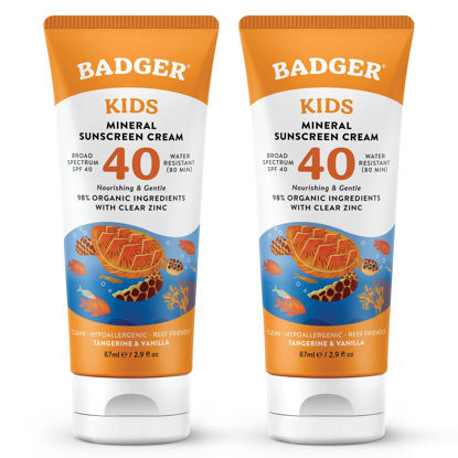 Picture of Badger Kids Sunscreen Cream SPF 40, Organic Mineral Sunscreen Kids Face & Body with Zinc Oxide, Reef Friendly, Broad Spectrum, Water Resistant, 2.9 fl oz (2 Pack)