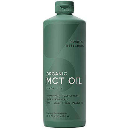 Picture of Sports Research Keto MCT Oil from Organic Coconuts - Fatty Acid Fuel for Body + Brain - Triple Ingredient C8, C10, C12 MCTs - Perfect in Coffee, Tea, & More - Non-GMO & Vegan - Unflavored (32 Oz)