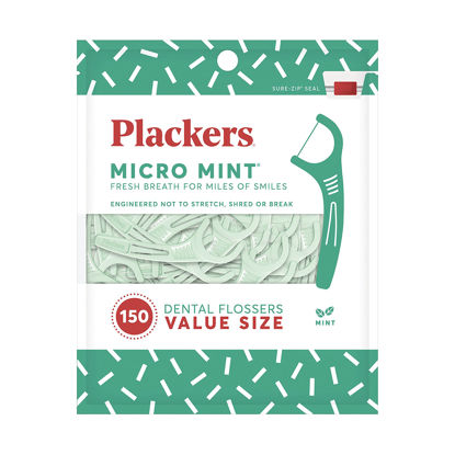 Picture of Plackers Micro Mint Dental Flossers, Fresh Mint Flavor, Fold-Out Toothpick, Super Tuffloss, Easy Storage with Sure-Zip Seal, 150 Count