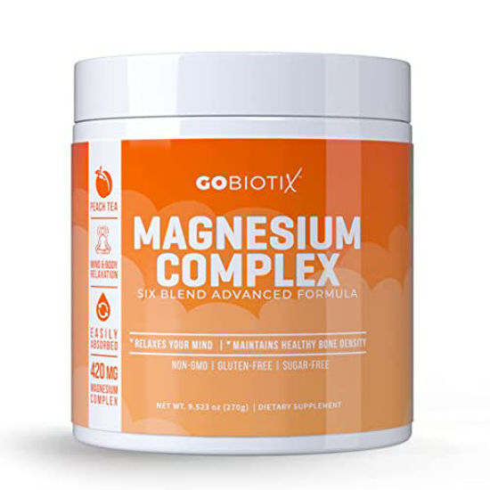 Picture of Magnesium Complex Powder by GoBiotix - High Absorption Magnesium Supplement Drink for Sleep Support, Mind and Body Relaxation - Vegan + Sugar-Free + Non-GMO (Peach Tea)