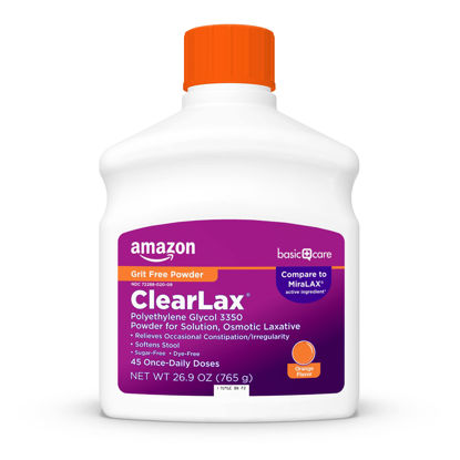 Picture of Amazon Basic Care ClearLax, Laxative Powder for Gentle Constipation Relief, Softens Stool, Polyethylene Glycol 3350, Orange Flavor, 26.9 Ounces