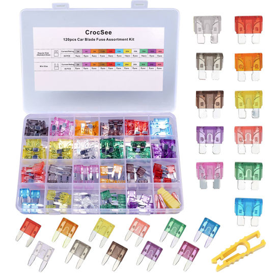 Picture of CrocSee 120 Pieces - Car Fuses Assortment Kit, Blade-Type Automotive Fuses - Standard & Mini Size (2A/3A/5A/7.5A/10A/15A/ 20A/25A/30A/35A/40A), Replacement Fuses for Car/RV/Truck/Motorcycle/Boat