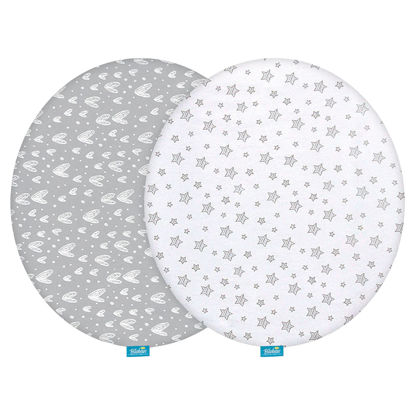 Picture of Bassinet Sheets Compatible with Fisher-Price On-The-Go Baby Dome, 2 Pack, 100% Jersey Knit Cotton Fitted Sheets, Breathable and Heavenly Soft, Grey Hearts and White Stars Print for Baby