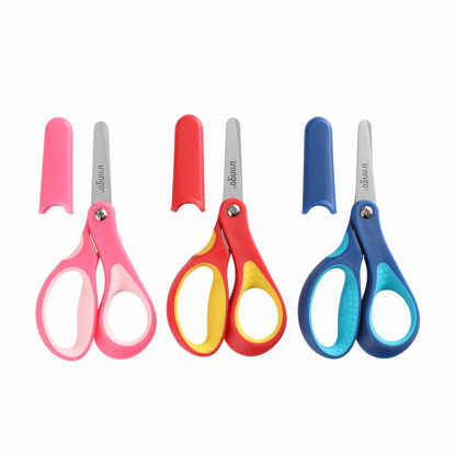Picture of LIVINGO 5" Small School Student Blunt Kids Craft Scissors, Sharp Stainless Steel Blades Safety Comfort Grip for Children Cutting Paper, Assorted Color, 3 Pack