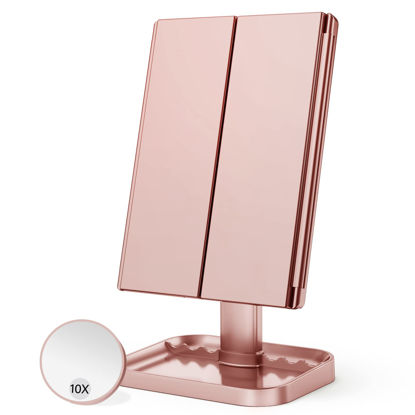 Picture of Makeup Mirror Vanity Mirror with Lights, 1x 2X 3X Magnification, Lighted Makeup Mirror, Touch Control, Trifold Makeup Mirror, Dual Power Supply, Portable LED Makeup Mirror, Women Gift (Rose Gold)