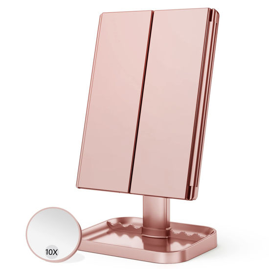 Picture of Makeup Mirror Vanity Mirror with Lights, 1x 2X 3X Magnification, Lighted Makeup Mirror, Touch Control, Trifold Makeup Mirror, Dual Power Supply, Portable LED Makeup Mirror, Women Gift (Rose Gold)