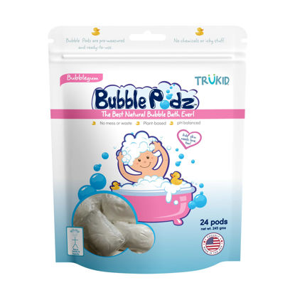 Picture of TruKid Bubble Podz Bubble Bath for Baby & Kids, Gentle Refreshing Bath Bomb for Sensitive Skin, pH Balance 7 for Eye Sensitivity, Natural Moisturizers and Ingredients, Bubble Gum (24 Podz)