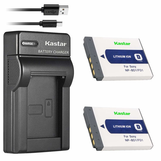 Picture of Kastar Battery (X2) & Slim USB Charger for Sony NP-BD1, NP-FD1, BC-CSD and Cyber-Shot DSC-G3, DSC-T2, DSC-T70, DSC-T75, DSC-T77, DSC-T90, DSC-T200, DSC-T300, DSC-T500, DSC-T700, DSC-T900, DSC-TX1