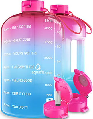 Picture of AQUAFIT 1 Gallon Water Bottle With Times To Drink - 128 oz Water Bottle With Straw - Motivational Water Bottle - Large Water Bottle - Sports Water Bottle With Time Marker - Gym Water Jug 1 Gallon