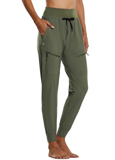 BALEAF Women's Joggers 28'' Lightweight Hiking Pants High Waist 5 Zipper  Pockets Quick Dry Travel Athletic UPF50+ Rifle Green L