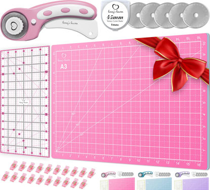 Picture of Rotary Cutter Set pink - Quilting Kit incl. 45mm Fabric Cutter, 5 Replacement Blades, A3 Cutting Mat, Acrylic Ruler and Craft Clips - Ideal for Crafting, Sewing, Patchworking, Crochet & Knitting x