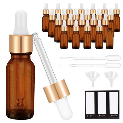 Picture of PrettyCare 15 ml Eye Dropper Bottle (24 Pack Amber Glass Bottles 0.5 oz with Golden Caps,2 Extra Measured Pipettes, 48 Labels, 2 Funnels ) Empty Tincture Bottles for Essential Oils