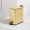 Picture of mDesign Slim Metal Rectangle 1.3 Gallon Trash Can with Step Pedal, Easy-Close Lid, Removable Liner - Narrow Wastebasket Garbage Container Bin for Bathroom, Bedroom, Kitchen, Office - Soft Brass
