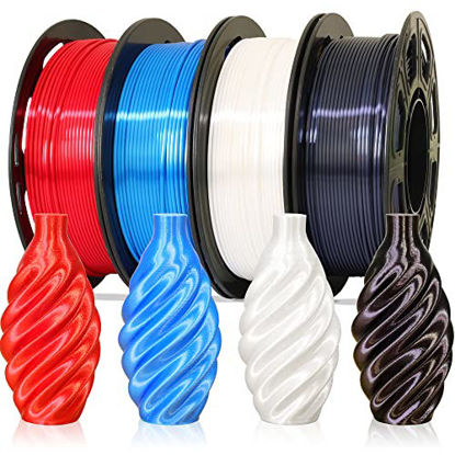 Picture of 1.75mm Silk Shiny PLA 4 in 1 Basic Colors Bundle Pack: Silk Luster Black/Red/White/Blue, Each Spool 250g, 4 Spools Packed, Total 1Kg 3D Printing Filament Material with Extra 3D Print Tool by MIKA3D