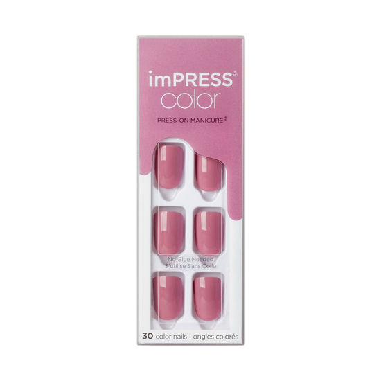 Picture of KISS imPRESS Color Press-On Nails, Gel Nail Kit, PureFit Technology, Short Length, “Petal Pink”, Polish-Free Solid Color Manicure, Includes Prep Pad, Mini Nail File, Cuticle Stick, and 30 Fake Nails