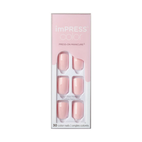 Picture of KISS imPRESS Color Polish-Free Solid Color Press On Nails, PureFit Technology, Short Length, 'Pick Me Pink', Includes Prep Pad, Mini Nail File, Cuticle Stick and 30 Fake Nails
