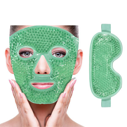 Picture of ZNÖCUETÖD Cooling Ice Face Eye Mask for Reducing Puffiness, Bags Under Eyes,Sinus,Redness,Pain Relief,Dark Circles, Migraine,Hot/Cold Pack with Soft Plush Backing(Green(1* Eye Mask+1*Face Mask))