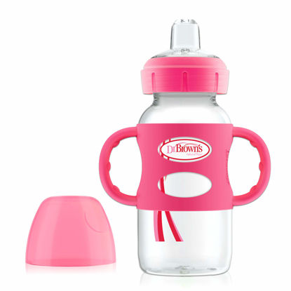 Picture of Dr. Brown’s® Milestones™ Wide-Neck Sippy Bottle with 100% Silicone Handles, Easy-Grip Bottle with Soft Sippy Spout, 9oz/270mL, BPA Free, Pink, 6m+