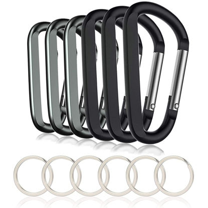 Picture of 6PCS Carabiner Caribeaner Clip,3" Large Aluminum D Ring Shape Carabeaner with 6PCS Keyring Keychain Hook (Black + Grey)