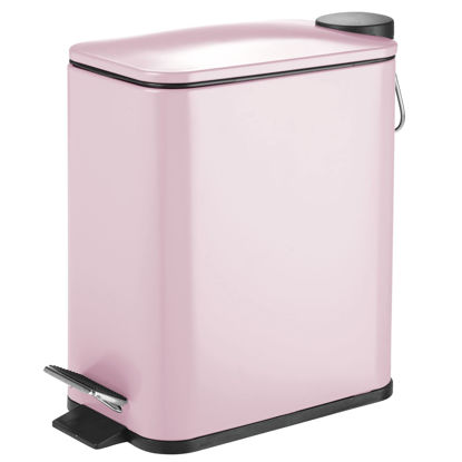 Picture of mDesign Slim Metal Rectangle 1.3 Gallon Trash Can with Step Pedal, Easy-Close Lid, Removable Liner - Narrow Wastebasket Garbage Container Bin for Bathroom, Bedroom, Kitchen, Office - Matte Blush Pink