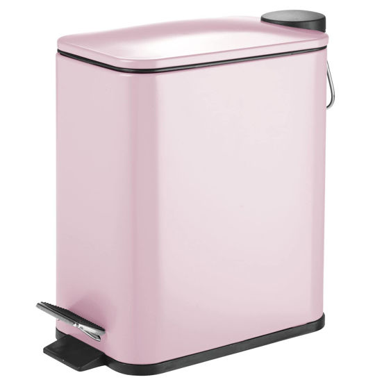 Picture of mDesign Slim Metal Rectangle 1.3 Gallon Trash Can with Step Pedal, Easy-Close Lid, Removable Liner - Narrow Wastebasket Garbage Container Bin for Bathroom, Bedroom, Kitchen, Office - Matte Blush Pink