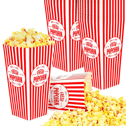 Picture of [25 Pack] Movie Theater Popcorn Boxes Disposable Red & White Striped - 46 oz Capacity - Vintage Snack Box Concession and Carnival Party Supplies, Individual Popcorn Bucket Containers