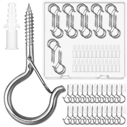 Picture of Mckanti 24 Pack Screw Hooks for Outdoor String Lights, Outdoor Hooks for Light Eye Hooks Screw in Cup Hooks Ceiling Hooks with Safety Buckles Q-Hanger Hooks for Plants Christmas Light
