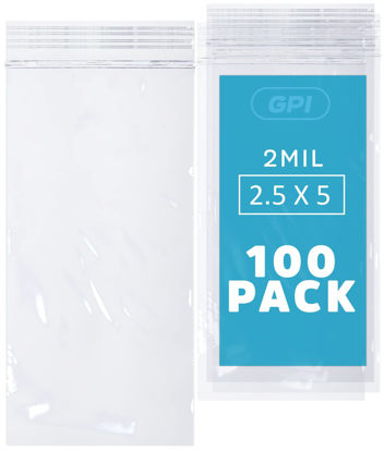 Picture of GPI - Pack of 100, 2.5" x 5" 2 mil Thick - Clear Plastic RECLOSABLE Zip Bags - Bulk, Strong Poly Baggies with Resealable Zip Top Lock for Pills, Meds, Jewelry, Travel, Storage, Packaging & Shipping