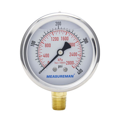 Picture of MEASUREMAN 2-1/2" Dial Size, Oil Filled Pressure Gauge, 0-400psi/2800kpa, 304 Stainless Steel Case, 1/4"NPT Lower Mount