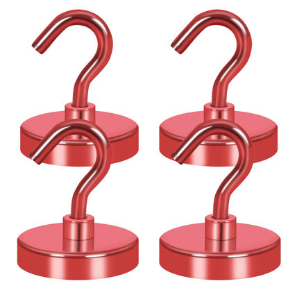 Picture of Neosmuk Magnetic Hooks Heavy Duty, Strong Magnet with Hook for Fridge, Super Neodymium Extra Strength Industrial Hooks for Hanging, Magnetic Hanger for Toolbox, Cruise, Grill(Red,4 Pack)
