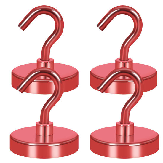 Picture of Neosmuk Magnetic Hooks Heavy Duty, Strong Magnet with Hook for Fridge, Super Neodymium Extra Strength Industrial Hooks for Hanging, Magnetic Hanger for Toolbox, Cruise, Grill(Red,4 Pack)