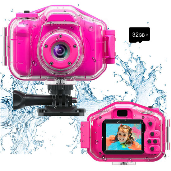 Picture of Agoigo Kids Waterproof Camera Toys for 3-12 Year Old Girls Christmas Birthday Gifts, Kids Underwater Sports Camera HD Children Digital Action Camera 2 Inch Screen with 32GB Card (Rose Red)