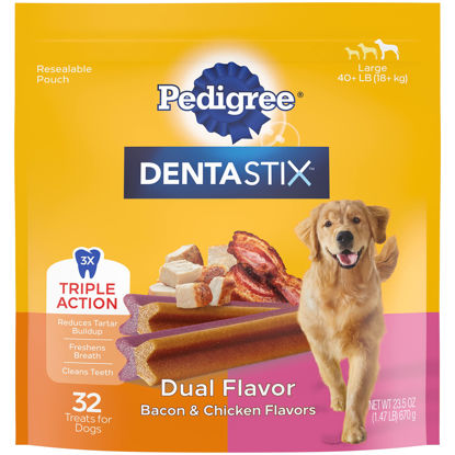 Picture of PEDIGREE DENTASTIX Dual Flavor Large Dog Dental Treats, Bacon & Chicken Flavors Dental Bones, 1.47 lb. Pack (32 Treats)