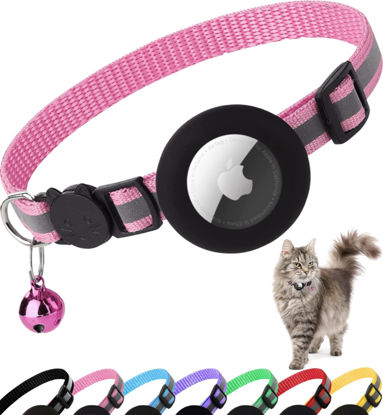 Picture of Airtag Cat Collar Breakaway, Reflective Kitten Collar with Apple Air Tag Holder and Bell for Girl Boy Cats, 0.4 Inches in Width and Lightweight(Pink)