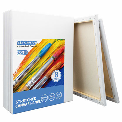 Picture of FIXSMITH Stretched White Blank Canvas - 12 x 16 Inch, Bulk Pack of 8, Primed, 100% Cotton, 5/8 Inch Profile of Super Value Pack for Acrylics,Oils & Other Painting Media.