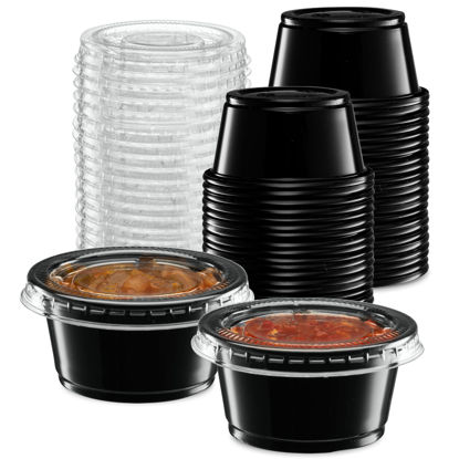 Picture of {2 oz - 100 Sets} Black Diposable Plastic Portion Cups With Lids, Small Mini Containers For Portion Controll, Jello Shots, Meal Prep, Sauce Cups, Slime, Condiments, Medicine, Dressings, Crafts, Disposable Souffle Cups & Much more