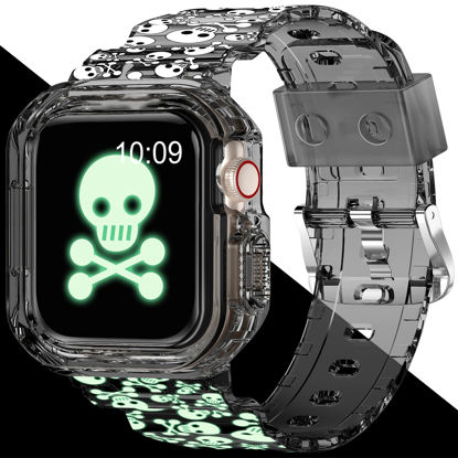 Picture of XYF Compatible for Crystal Clear Halloween Apple Watch Bands, 45mm 44mm 42mm 41mm 40mm 38mm with Bumper Luminous Skull Band and Case for iWatch Series 8 7 SE/6 5 4 3 2 1 (Glow Skull, 38/40/41mm)